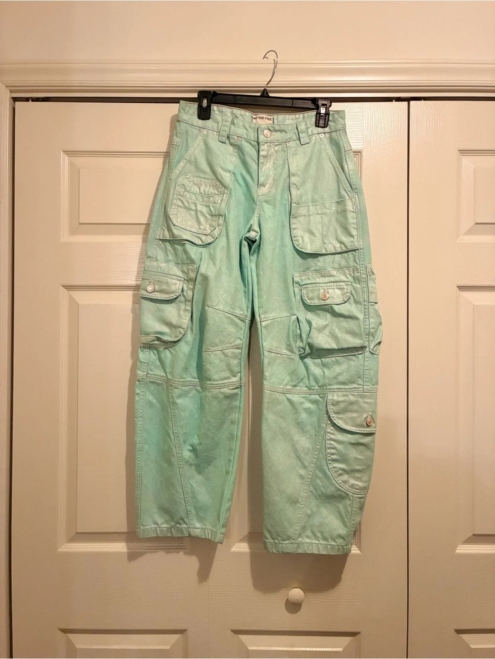 Like New We the Free "Lap of Luxury" Barrel Cargo Jeans in Metallica Aquamarine - Picture 6 of 14